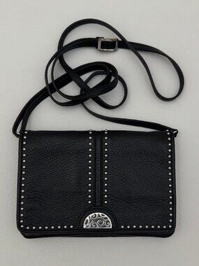Brighton black pebble leather studded mini crossbody organizer bag silver accent